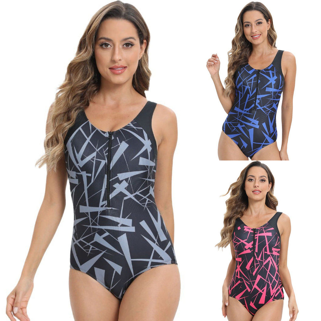 Maillot de bain une pièce sportif pour femmes avec fermeture éclair et design graphique Drune