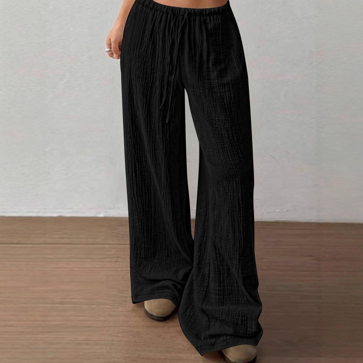 Pantalon palazzo en coton gaze fluide pour femmes avec taille élastique et cordon de serrage Echoarchiv