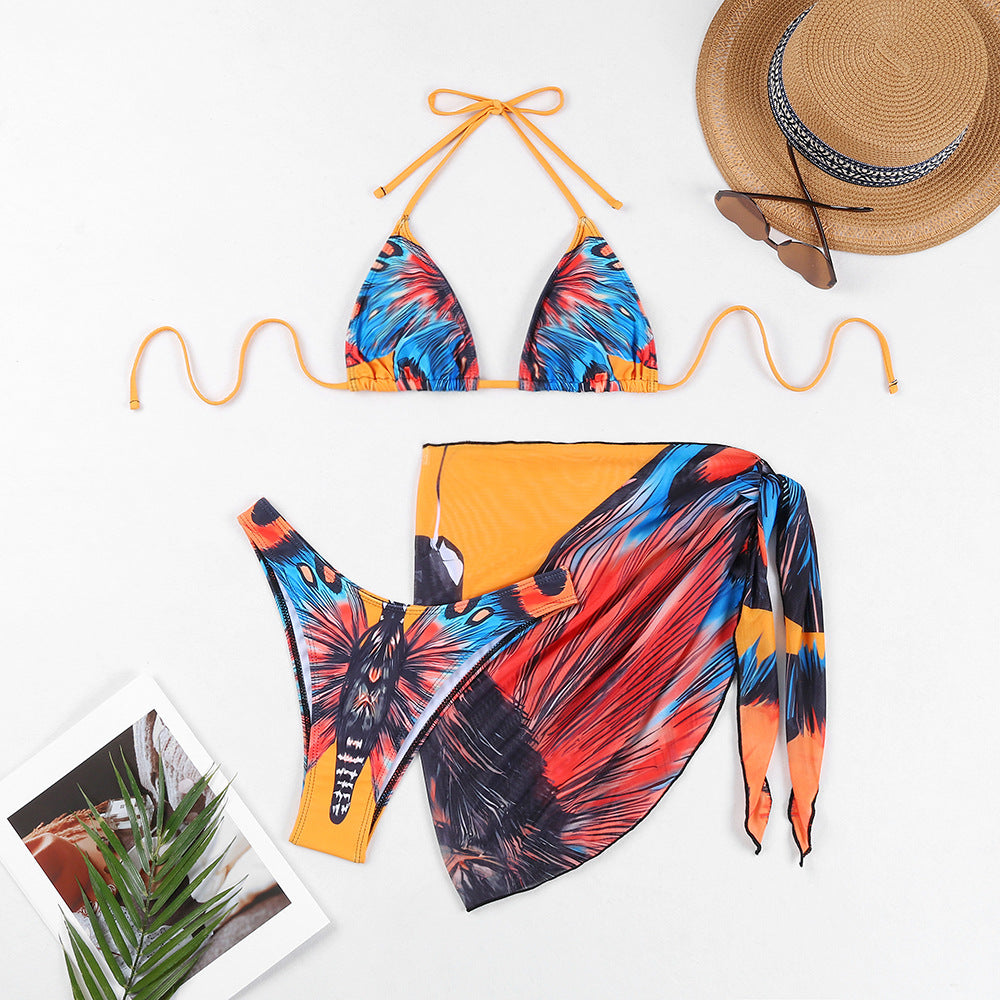 Ensemble bikini triangle pour femmes avec impression papillon excitante et pareo assorti R&B