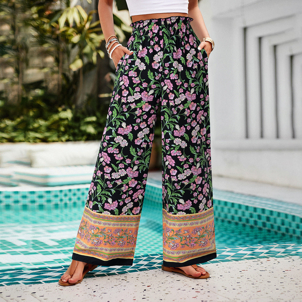 Pantalon palazzo pour femmes avec taille froncée, poches latérales et imprimé floral boho Echo Archiv