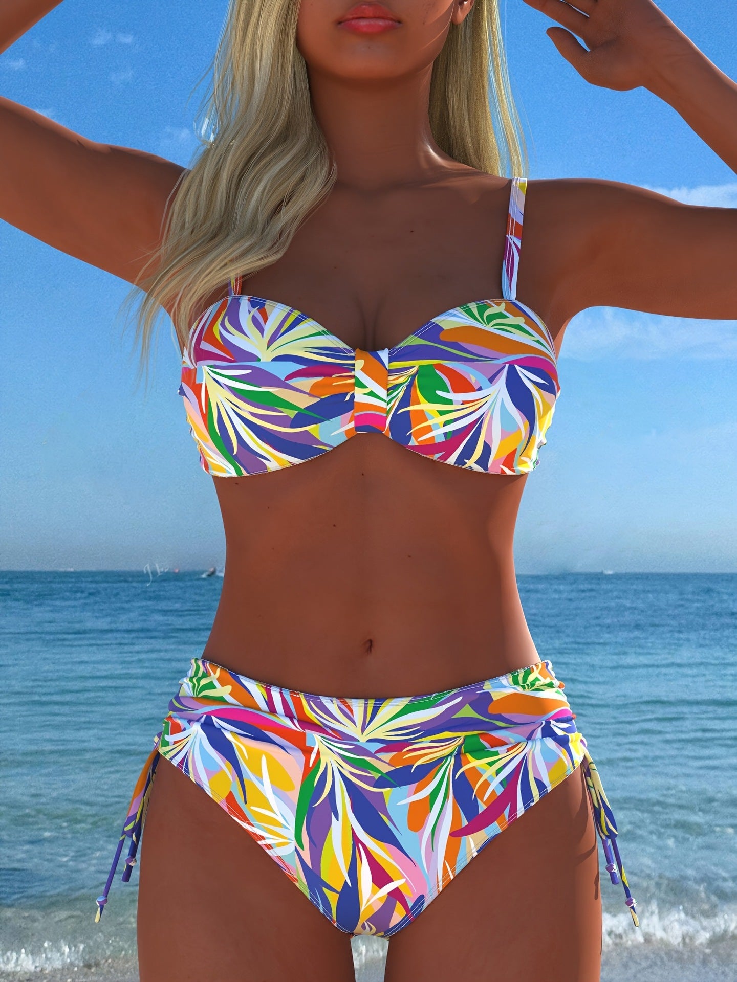 Bikini bandeau pour femmes avec un motif de plumes unique et une taille haute R&B