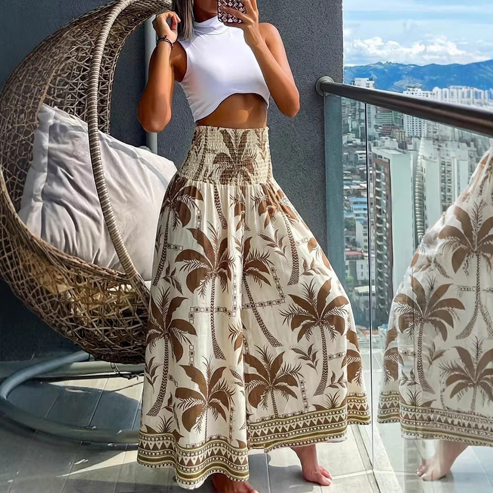 Jupe maxi pour femmes avec taille smockée haute et imprimé bohème de palmiers