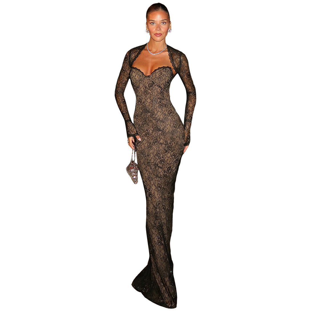 Robe longue en dentelle élégante pour femmes avec décolleté en cœur et coupe ajustée Heidi-Mode