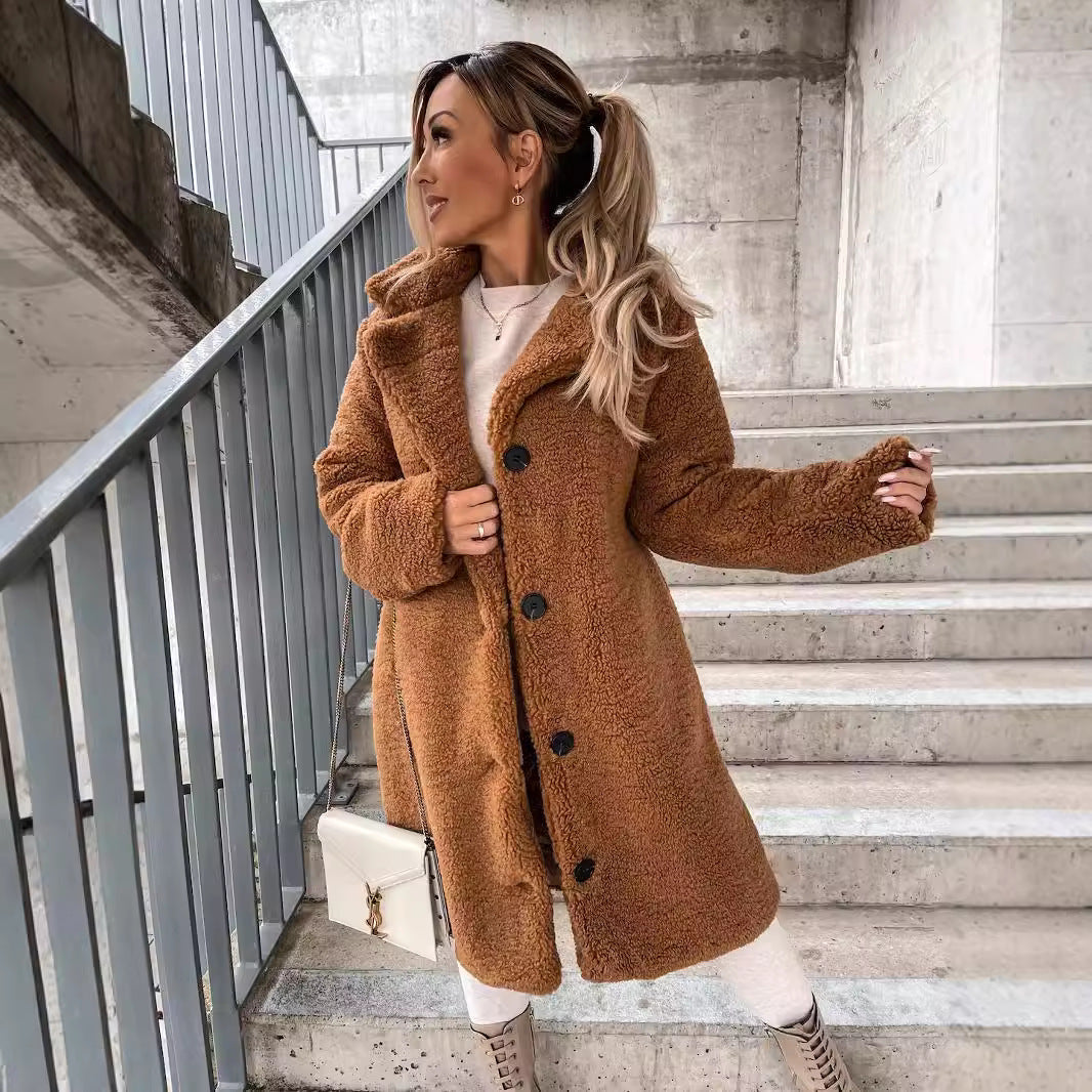 Manteau long en Teddy Faux-Shearling à boutons pour femmes avec col à revers Echoarchiv