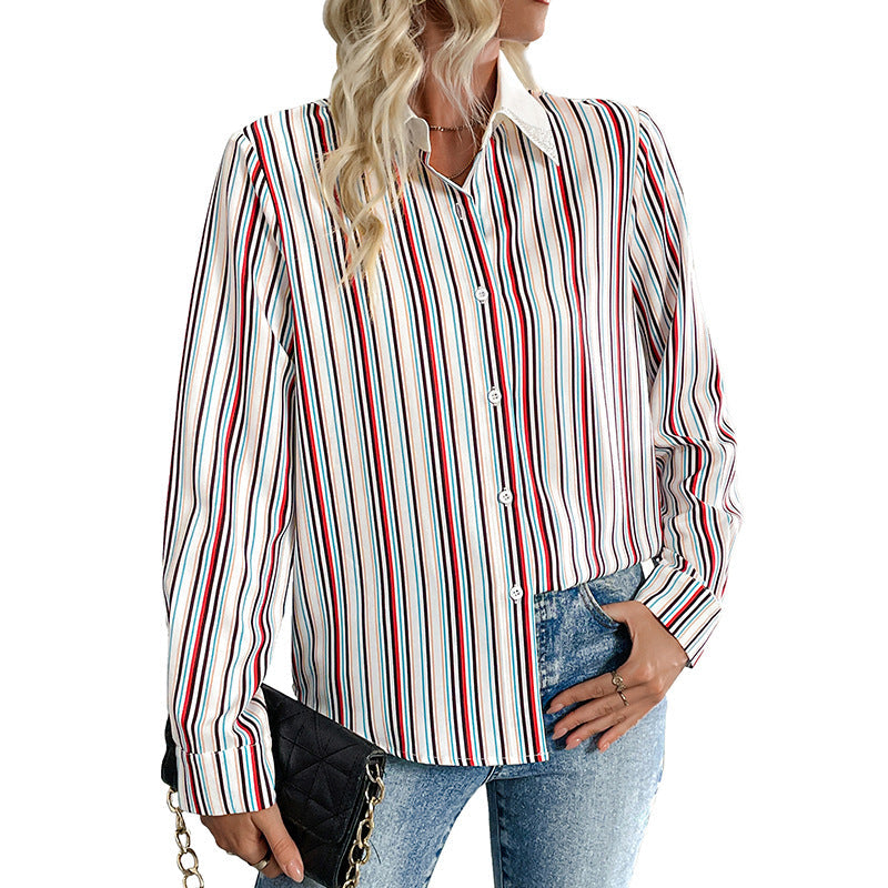 Blouse chemise élégante à rayures pour femmes avec col orné et manches retroussables Echoarchiv