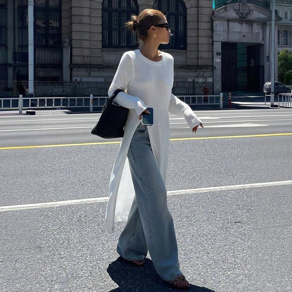 Tunique-pull long en maille fine pour dames avec fente latérale haute Echoarchiv