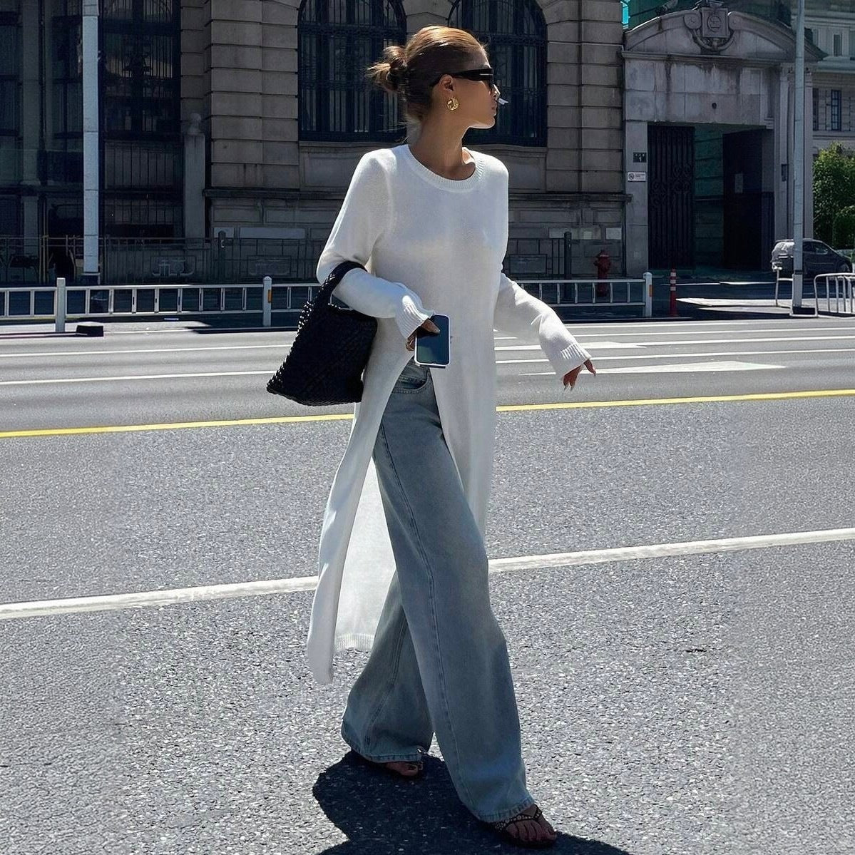 Tunique-pull long en maille fine pour dames avec fente latérale haute Echoarchiv