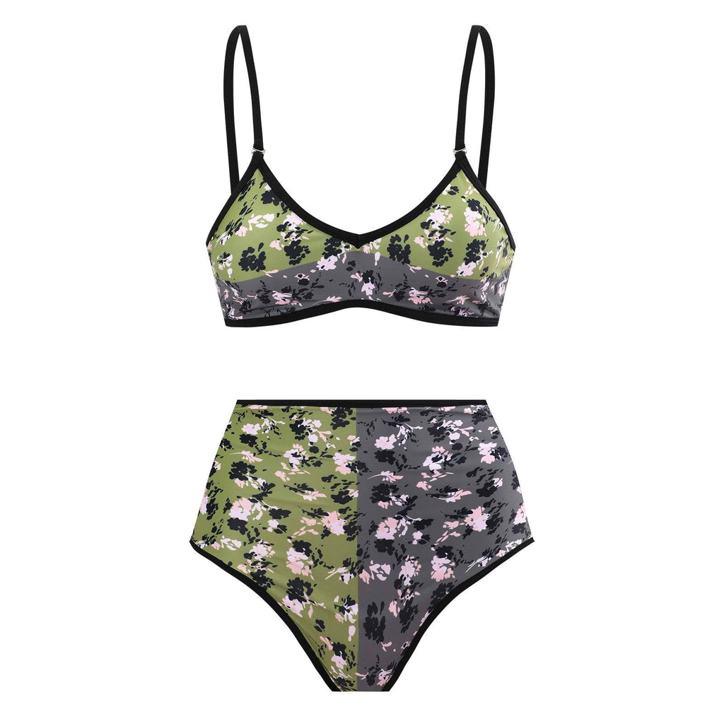 Bikini taille haute pour femmes avec motif floral et détail contrastant R&B