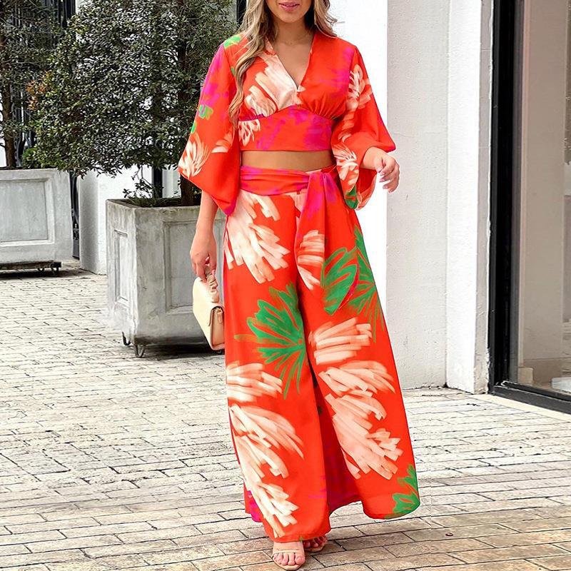 Ensemble d'été deux pièces pour femmes avec crop-top à nouer et pantalons palazzo taille haute EB