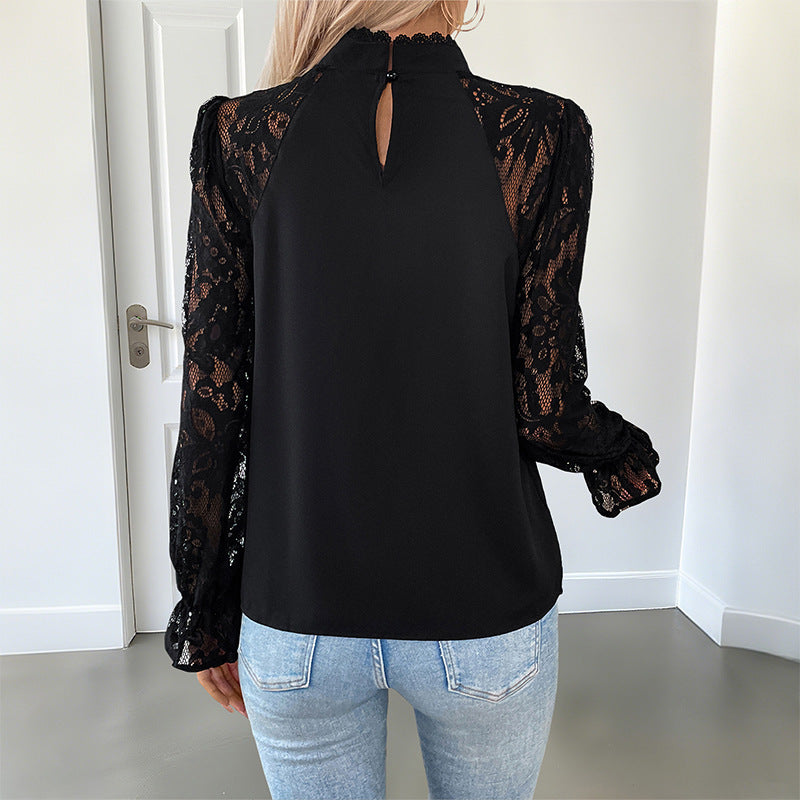 Blouse élégante et romantique pour femmes avec des manches en dentelle crochetée, col montant et coutures décoratives verticales Echoarchiv