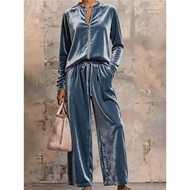 Ensemble lounge en velours pour femmes avec col montant, demi-fermeture éclair et pantalon palazzo large Echoarchiv