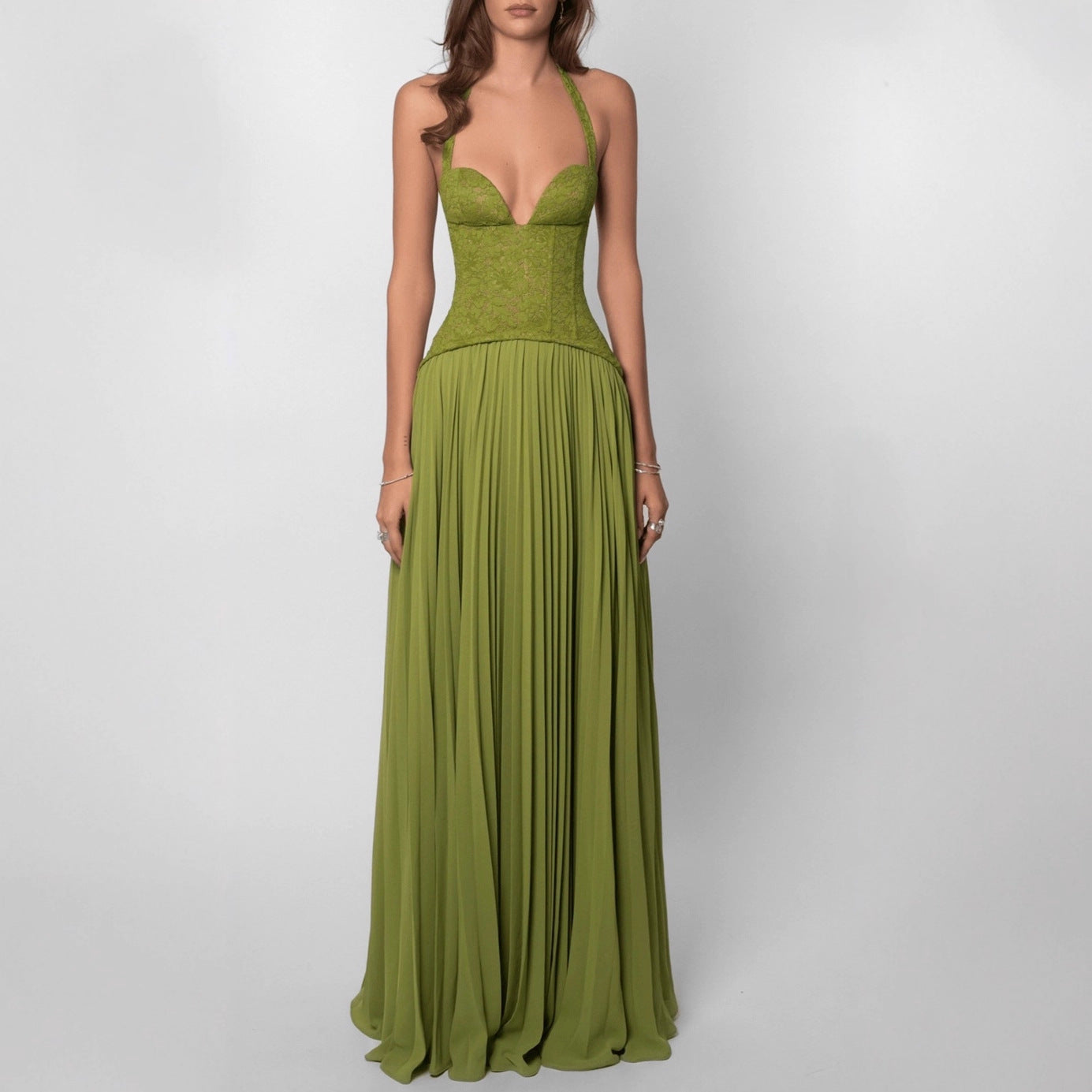 Robe corset à col halter pour femmes avec corsage en dentelle et jupe plissée fluide R&B