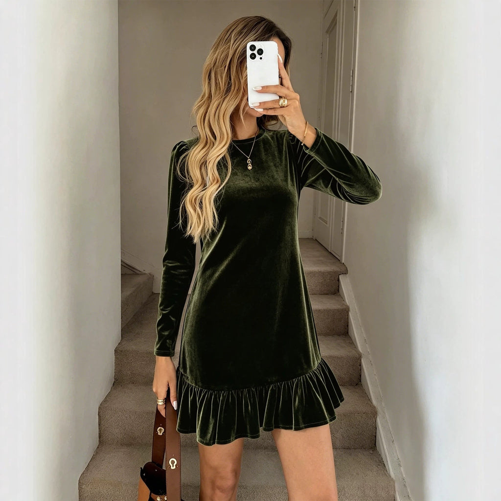 Robe mini en velours pour femmes avec manches longues, ourlet volanté froncé et épaules bouffantes Echo Archive