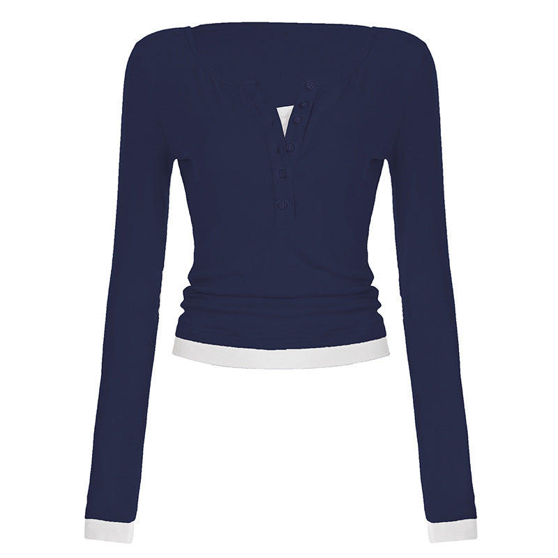 T-shirt Henley cropped ajusté pour femmes avec des bords contrastants Echo Archiv