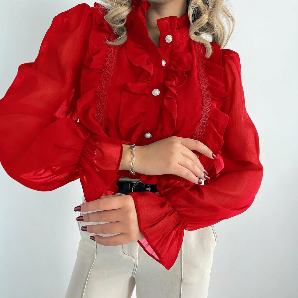 Blouse à volants en chiffon pour femmes avec col montant et boutons en perles