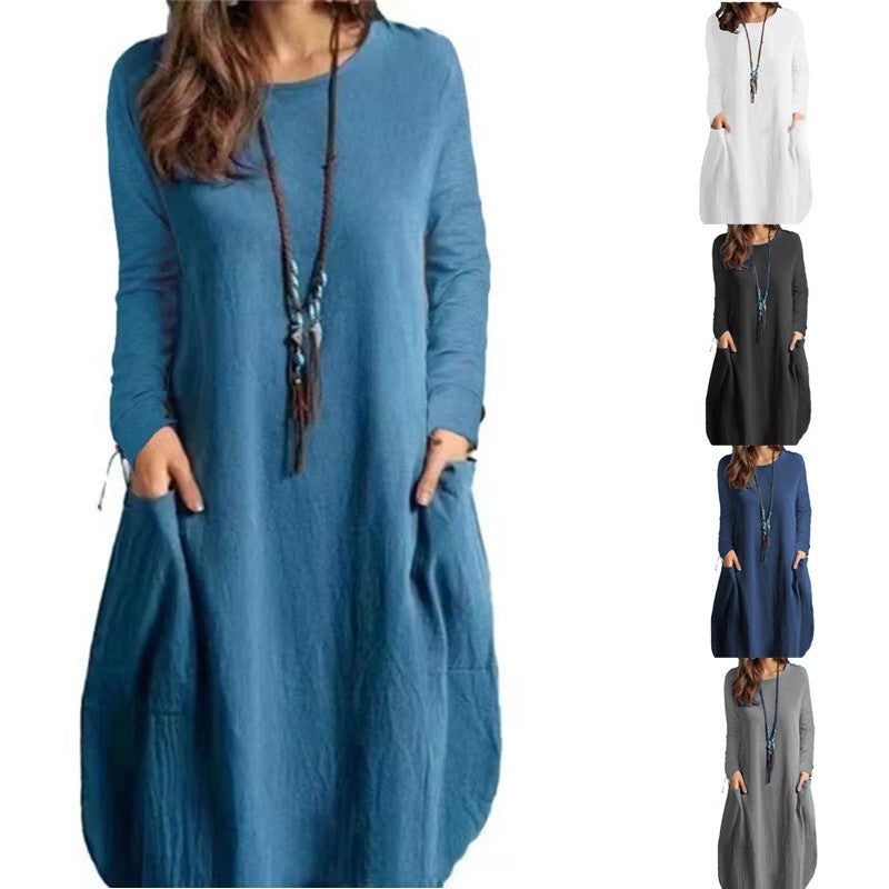 Robe longue en lin à coupe A pour femmes avec poches et col rond Echoarchiv