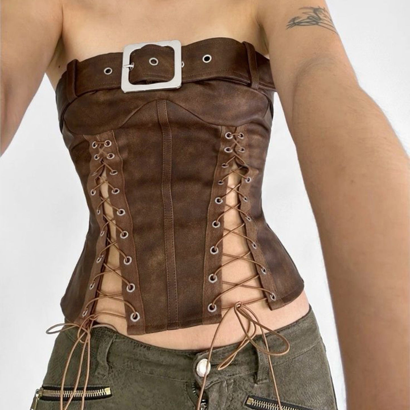 Corsage en cuir pour femmes avec détails de lacets raffinés R&B