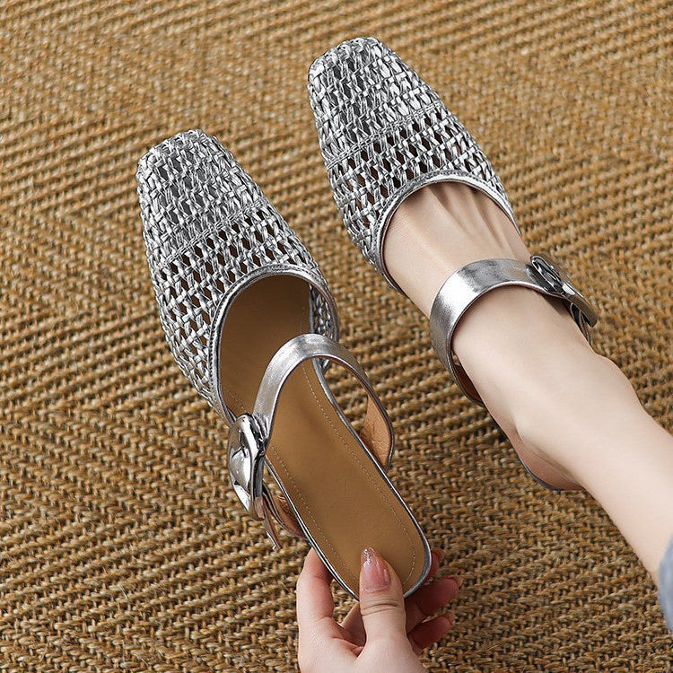 Mules élégantes pour femmes avec tressage à la mode et talon bloc confortable R&B