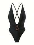 Maillot de bain une pièce pour femmes avec décolleté en V profond et élément décoratif élégant R&B
