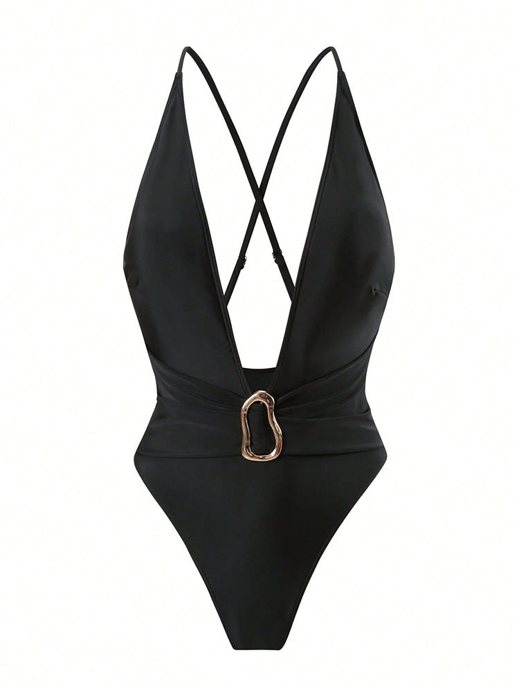 Maillot de bain une pièce pour femmes avec décolleté en V profond et élément décoratif élégant R&B
