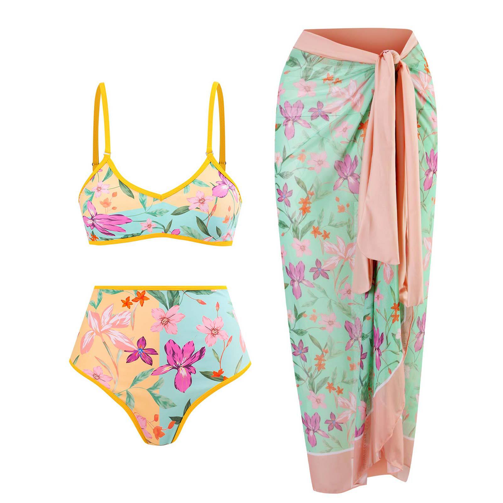 Bikini taille haute pour femmes avec motif floral et détail contrastant R&B