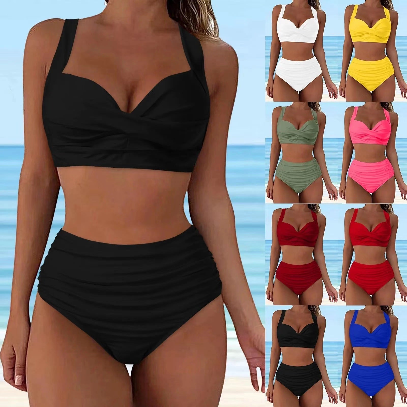 Ensemble de bikini taille haute pour femmes avec un élégant effet plissé R&B