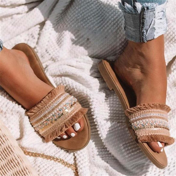 Sandales confortables pour femmes avec franges décoratives et perles R&B