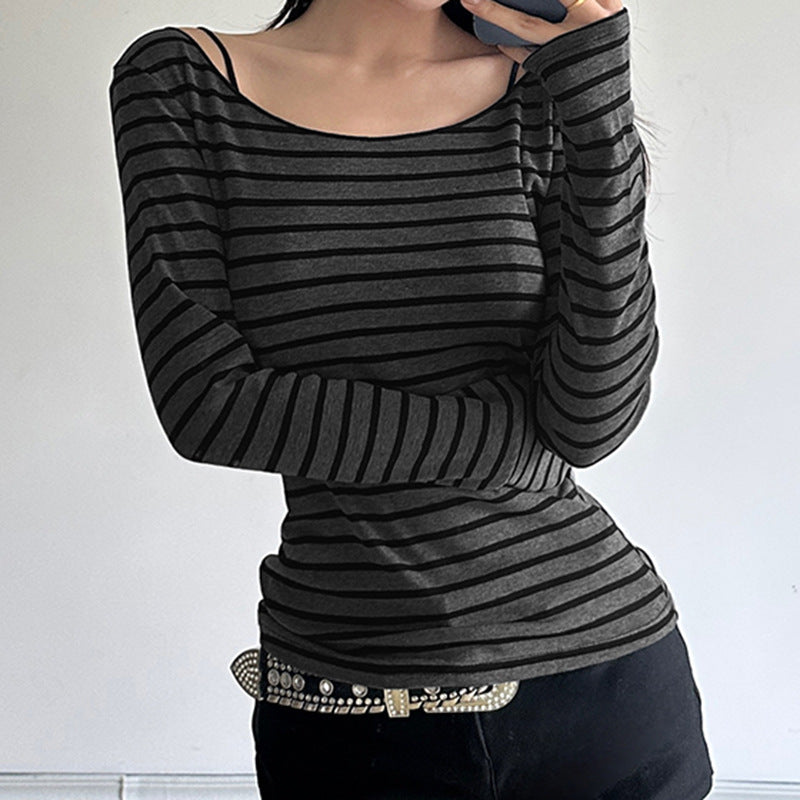 T-shirt à manches longues rayé sans épaules pour femmes avec un large décolleté bateau et une taille cintrée Echo Archiv