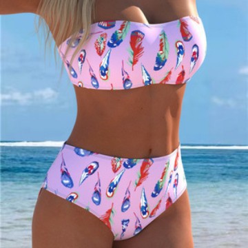 Bikini bandeau pour femmes avec un motif de plumes unique et une taille haute R&B