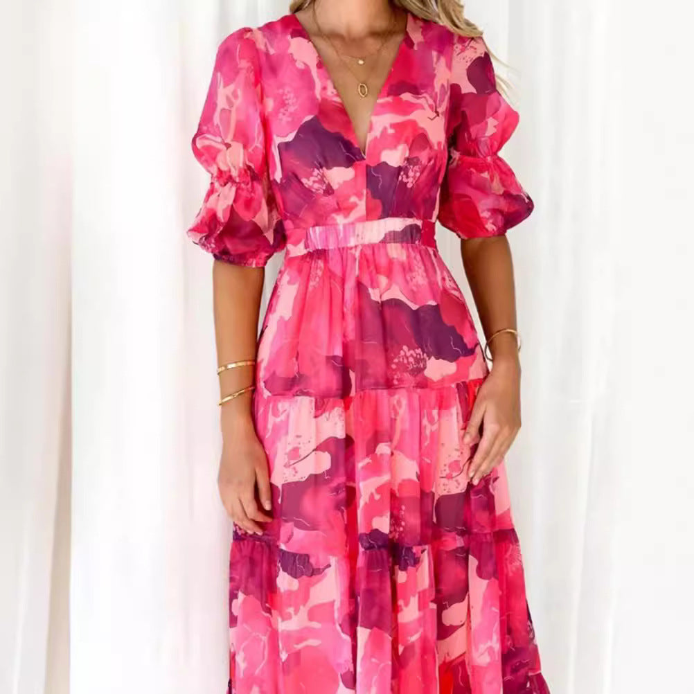 Robe maxi à volants pour femmes avec décolleté en V et taille empire froncée R&B