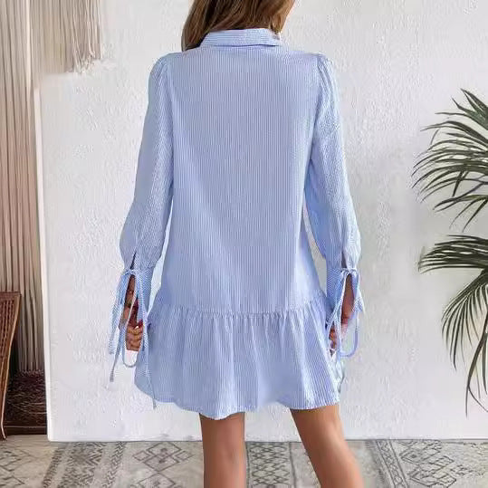 Robe chemise décontractée pour femme avec fines rayures, volants et poignets