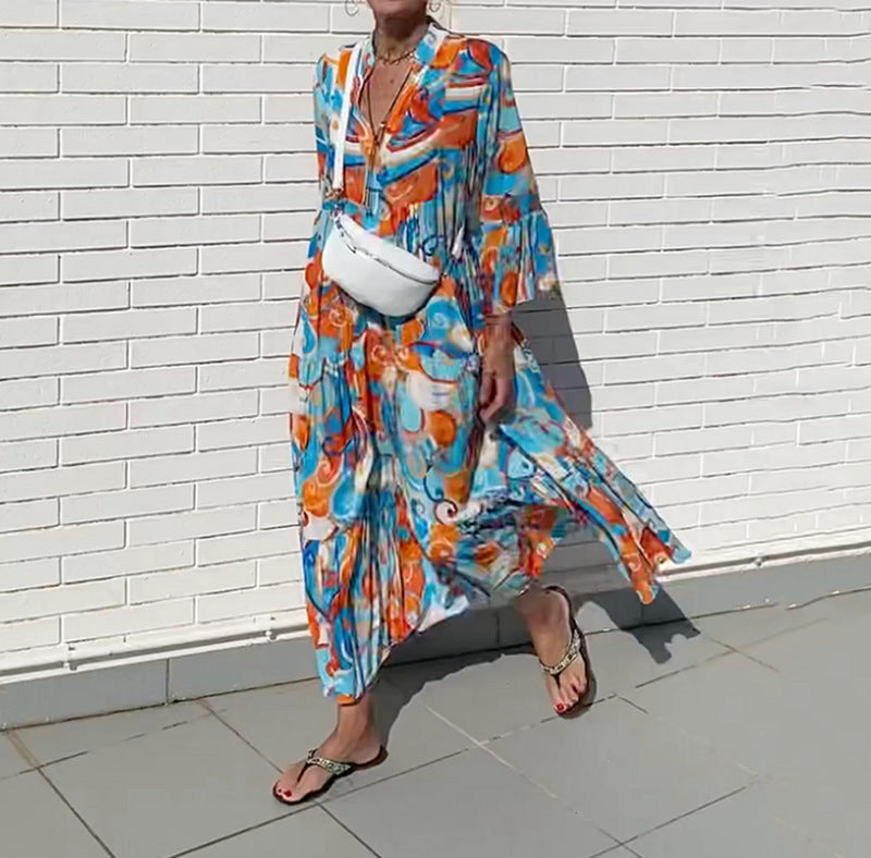 Robe maxi aérienne pour femmes avec imprimé aquarelle, décolleté en V, patte de boutonnage et jupe à volants R&B