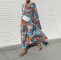 Robe maxi aérienne pour femmes avec imprimé aquarelle, décolleté en V, patte de boutonnage et jupe à volants R&B