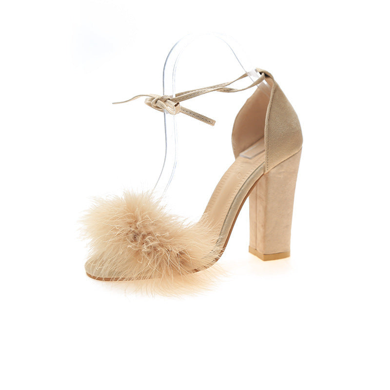 Sandales à talons hauts pour femmes avec pompon en peluche décoratif et lacets féminins R&B