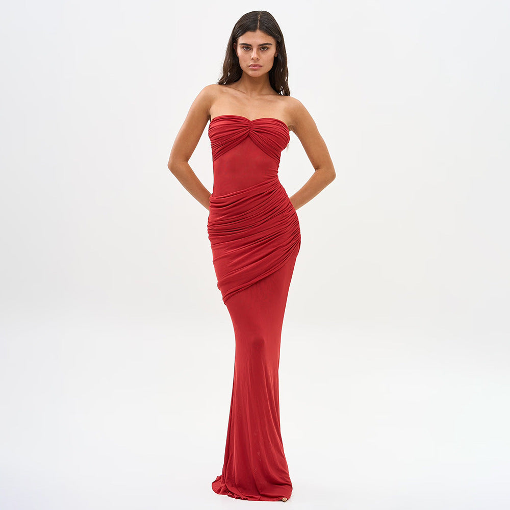 Robe maxi élégante sans bretelles pour femmes avec drapé raffiné et inserts transparents Heidi-Mode