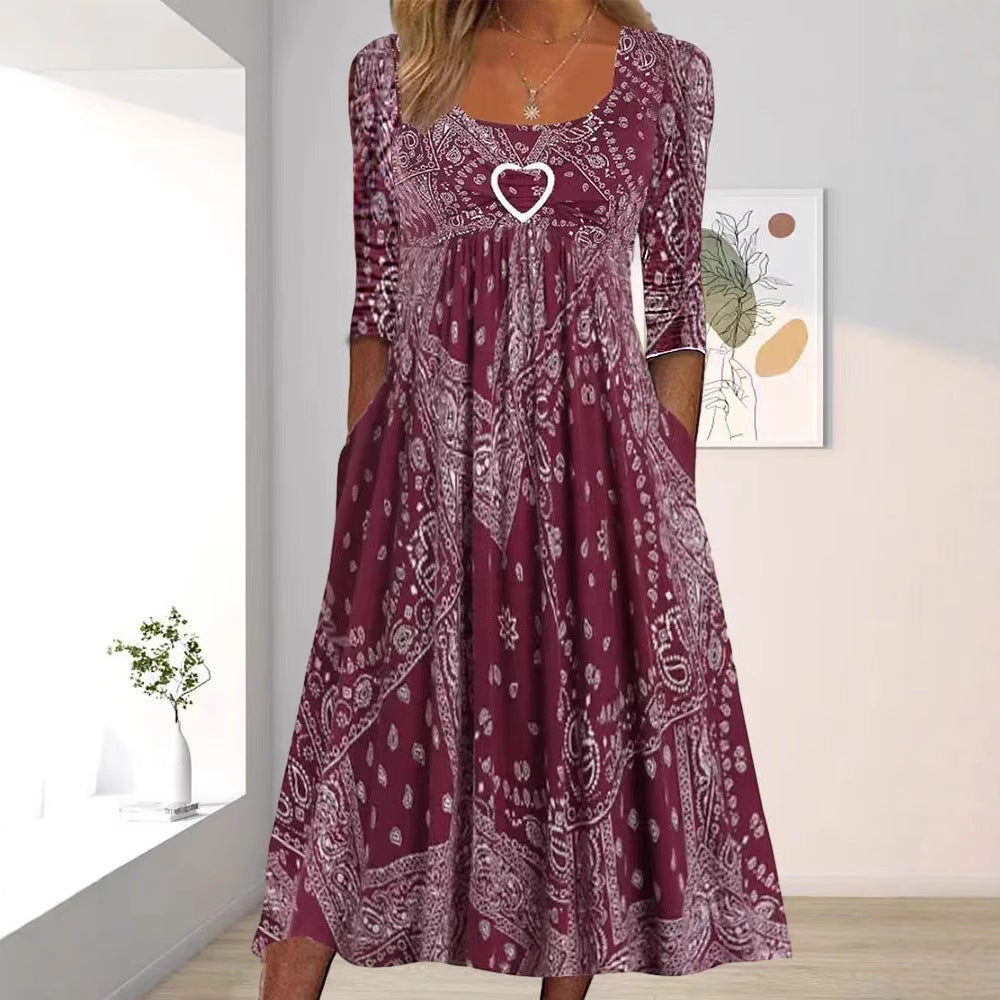 Robe maxi pour femmes avec motif bandana paisley, couture empire, zone sous-poitrine froncée et poches latérales R&B