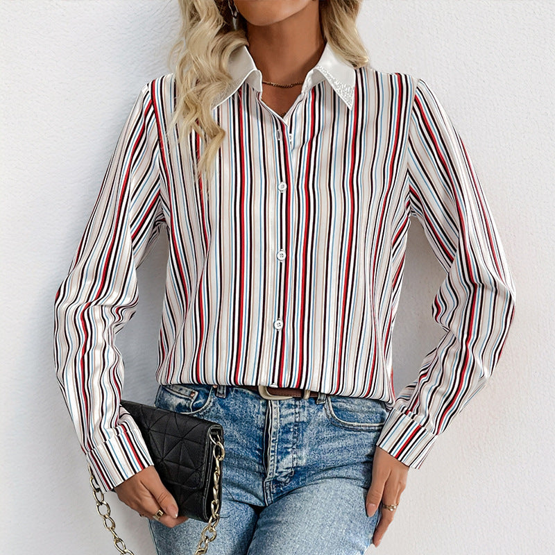 Blouse chemise élégante à rayures pour femmes avec col orné et manches retroussables Echoarchiv