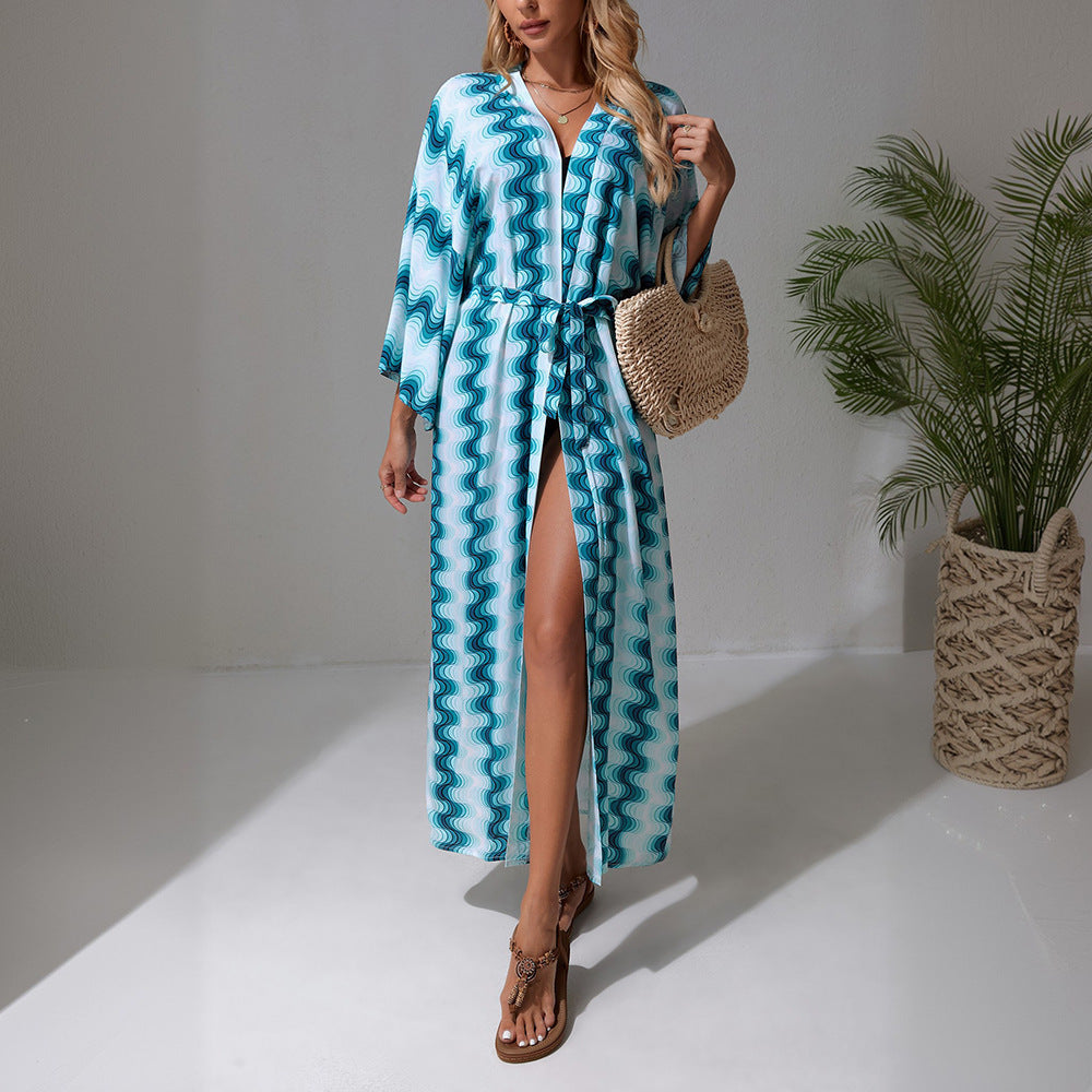 Kaftan de Plage Long pour Femme avec Décolleté en V, Ceinture à Nouer à la Taille & Fente Haute Echoarchiv