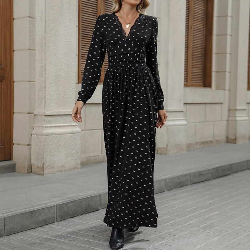 Robe maxi enveloppante élégante pour femmes avec dentelle, taille haute et jupe volumineuse Echoarchiv