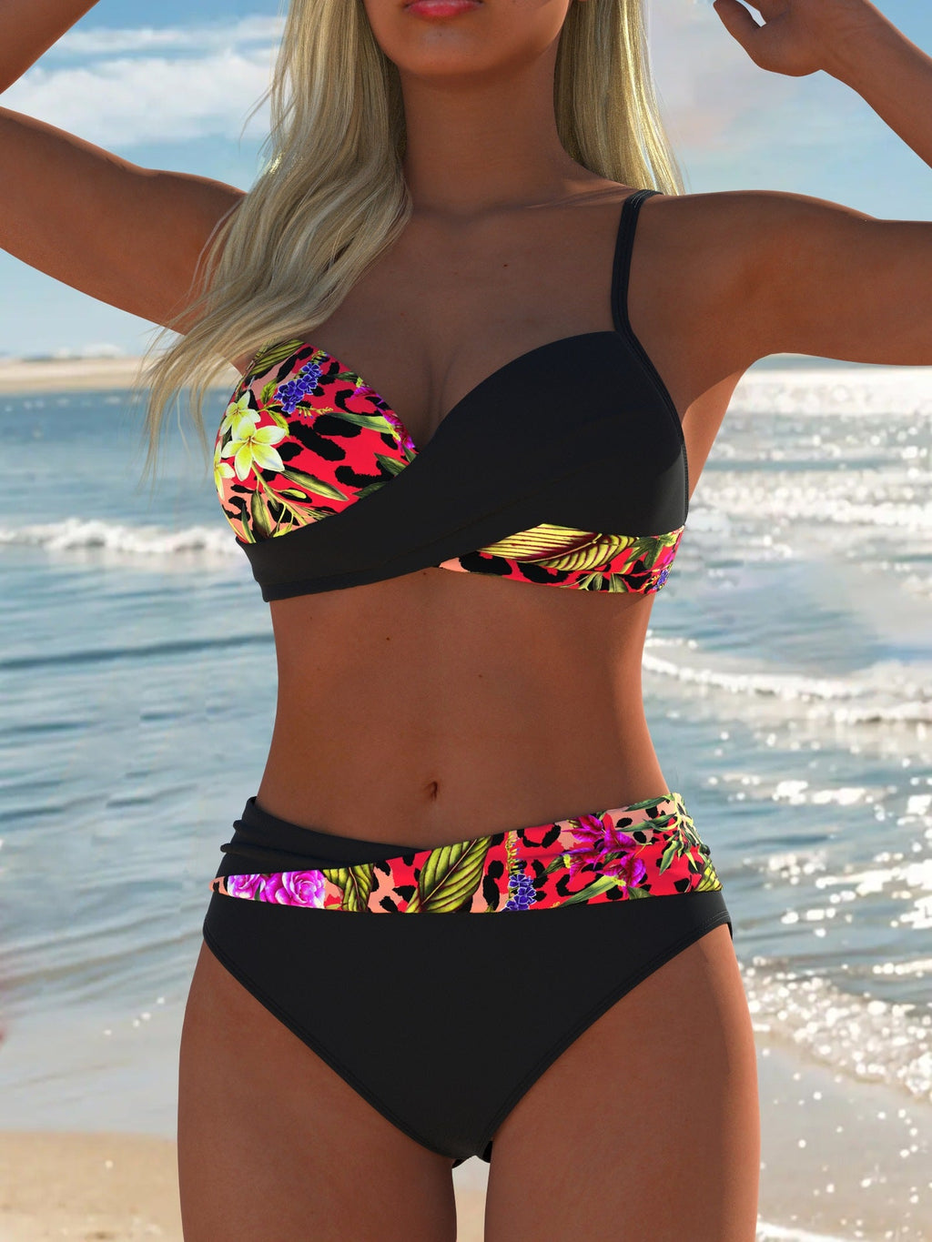 Bikini balconnet pour femmes avec imprimé palmier tendance et détails en anneau élégants R&B