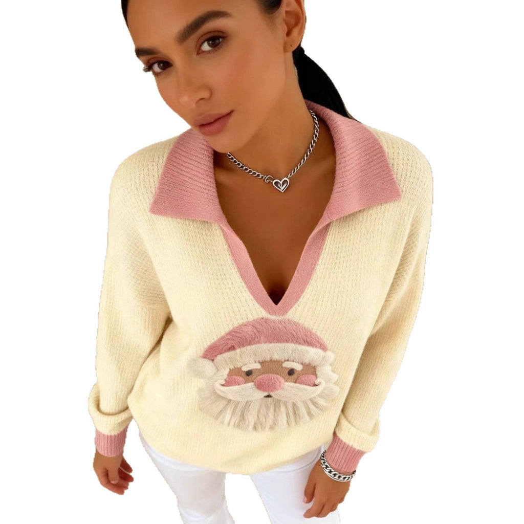 Pull en tricot doux pour femmes avec col en V, col polo et motif de Noël 3D