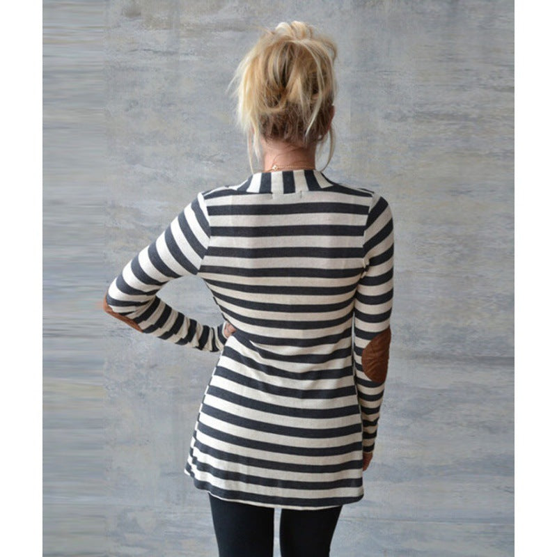 Cardigan long rayé pour femmes avec coupe waterfall ouverte et patches aux coudes Echo Archive