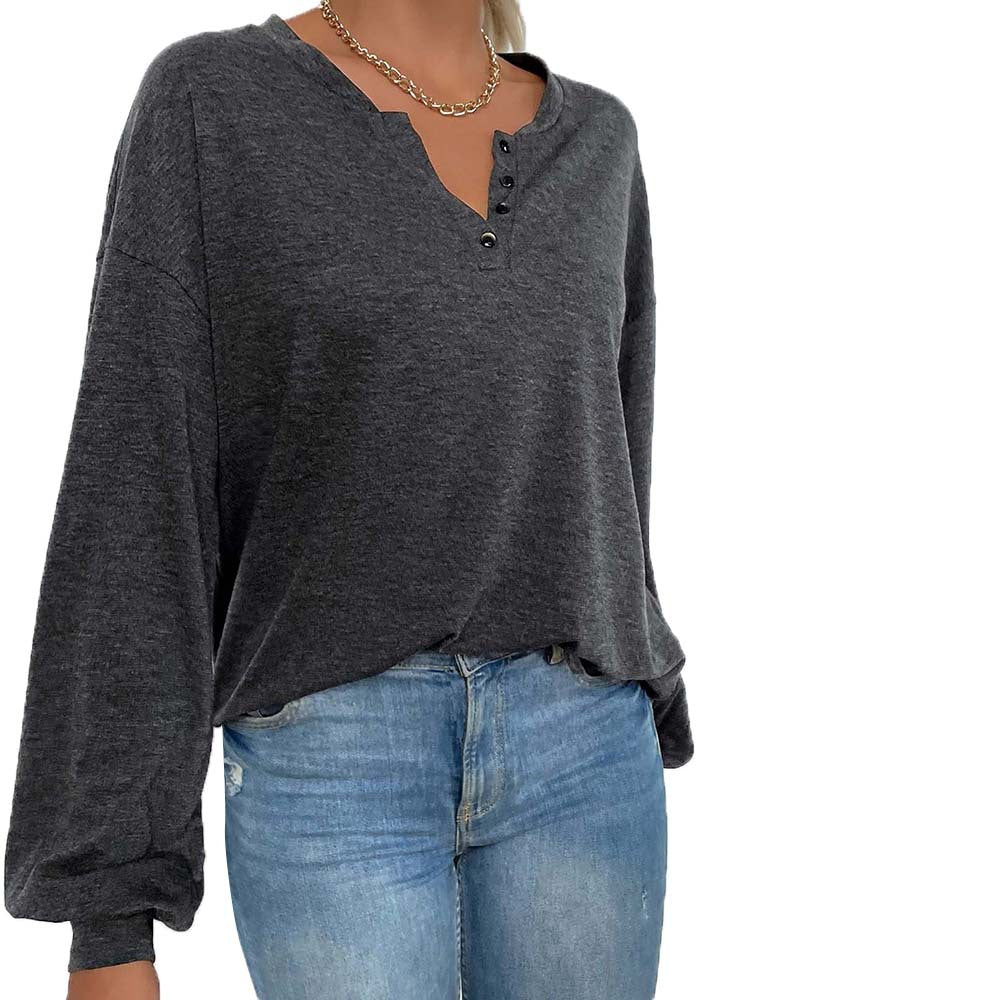 T-shirt long Henley oversize décontracté pour femmes avec patte de boutonnage en V et manches ballon