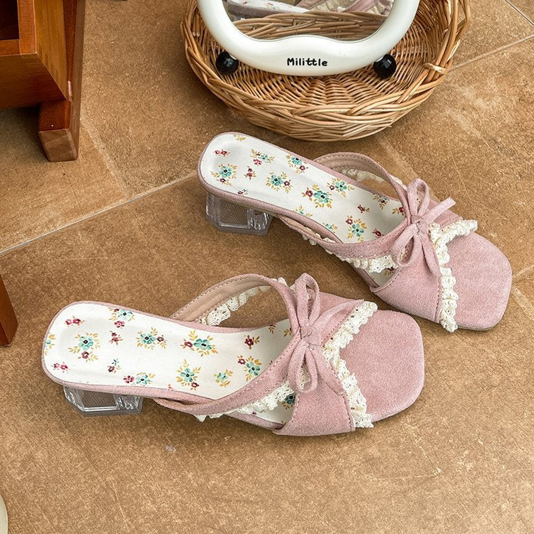 Sandales mode pour femmes avec talon bloc transparent et accent de nœud décoratif R&B