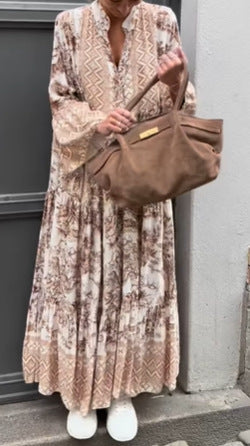 Robe maxi à volants pour femmes avec bordure ethnique, col montant et manches évasées R&B