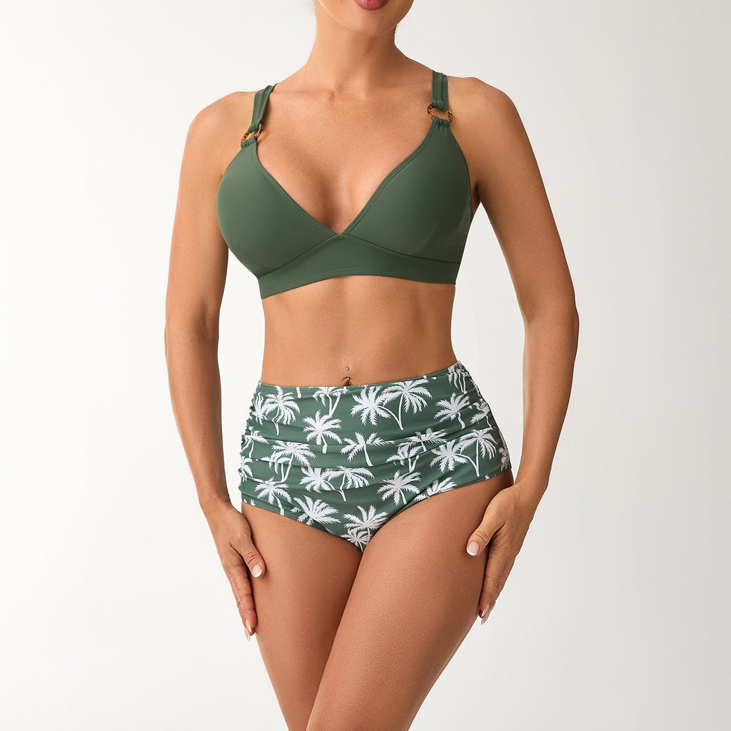 Ensemble de bikini taille haute pour femmes avec bretelles réglables et motif élégant de palmiers R&B