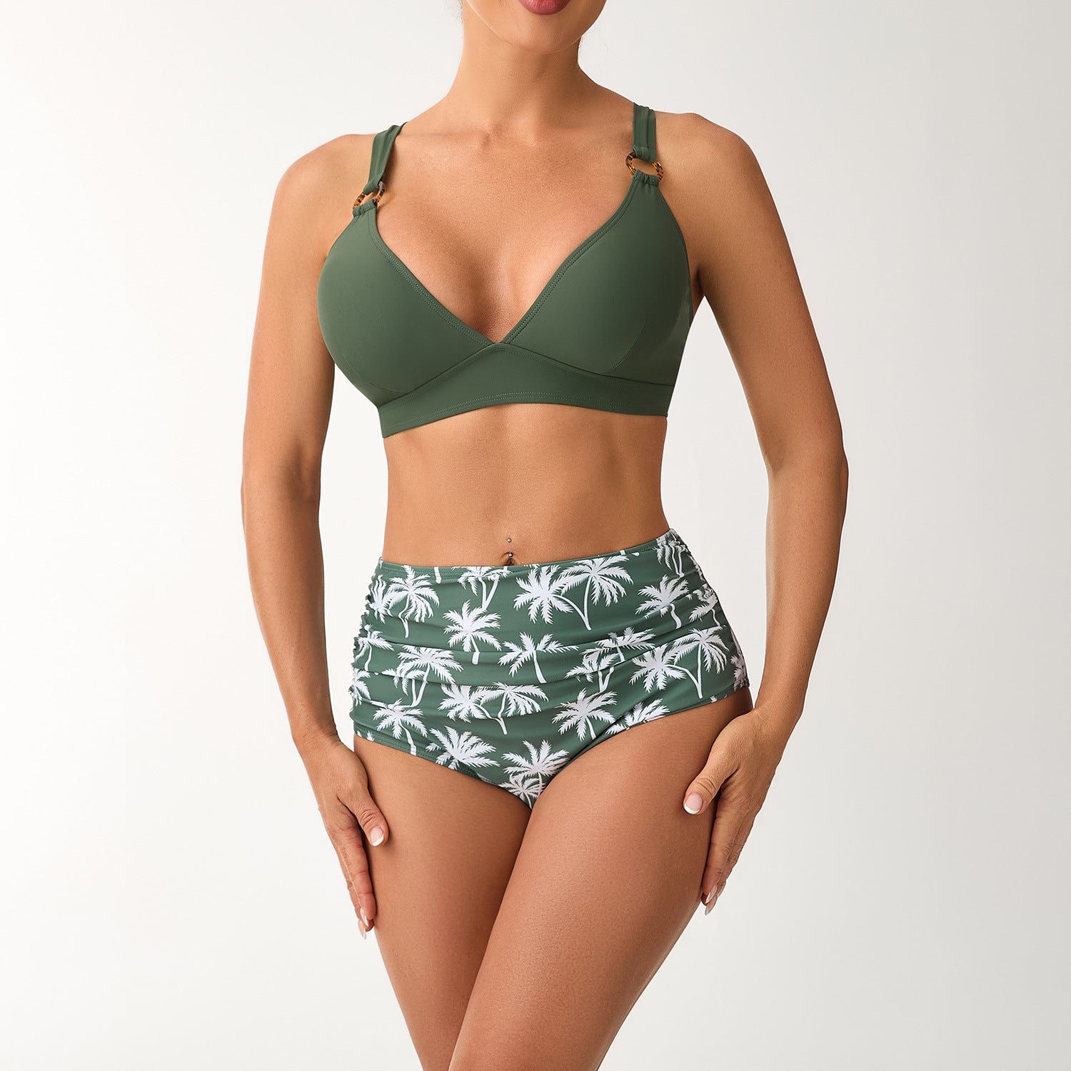 Ensemble de bikini taille haute pour femmes avec bretelles réglables et motif élégant de palmiers R&B