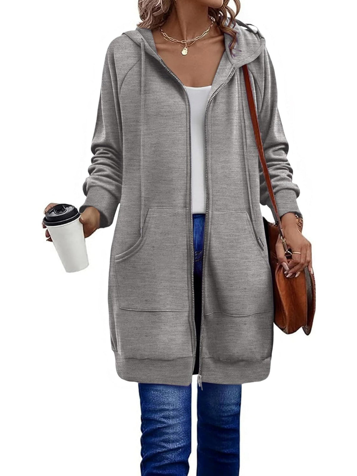 Sweat à capuche zippé long pour femmes avec silhouette oversize, poches kangourou et bords côtelés Echoarchiv