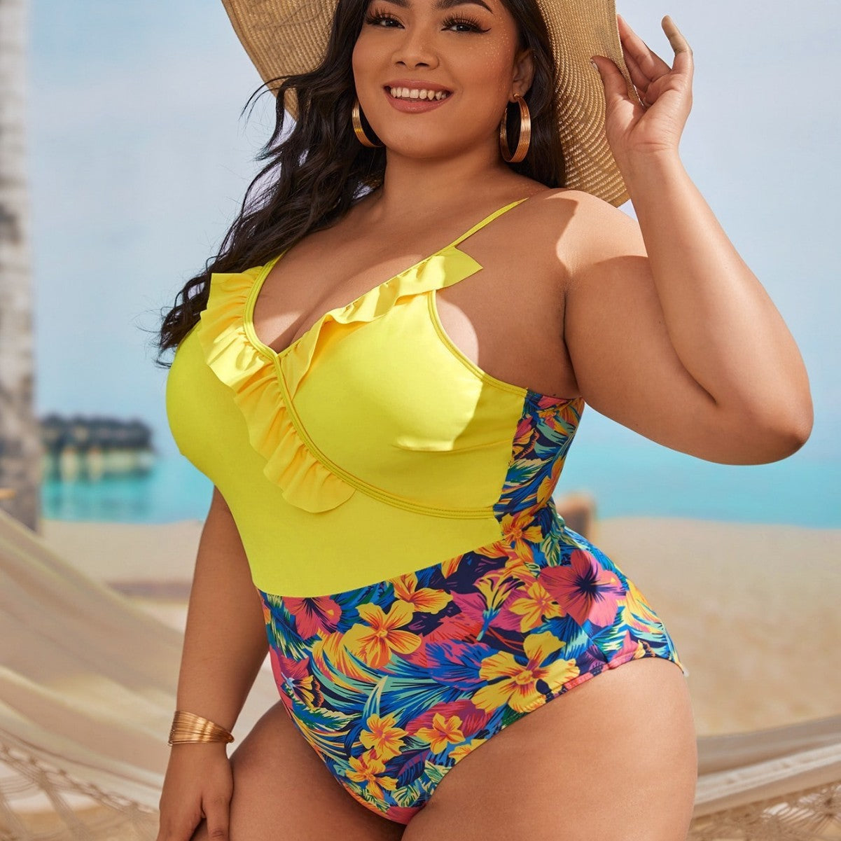 Maillot de bain une pièce pour femmes à taille haute avec détails en volants et motifs floraux Echo Archiv