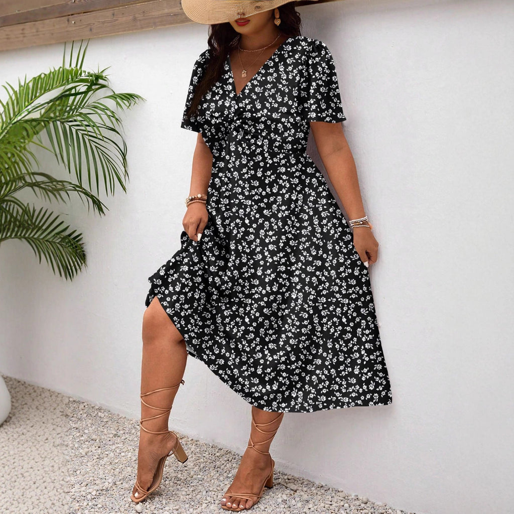 Robe Midi Femme avec Motif Floral et Fente Flatteuse R&B